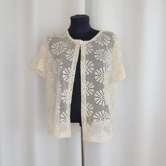 Vintage Cream Crochet Knit Lace Short Sleeve Top Sz M - Picture 3 of 6